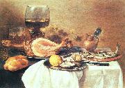 Pieter Claesz A ham, a herring, oysters, a lemon, bread, onions, grapes and a roemer painting